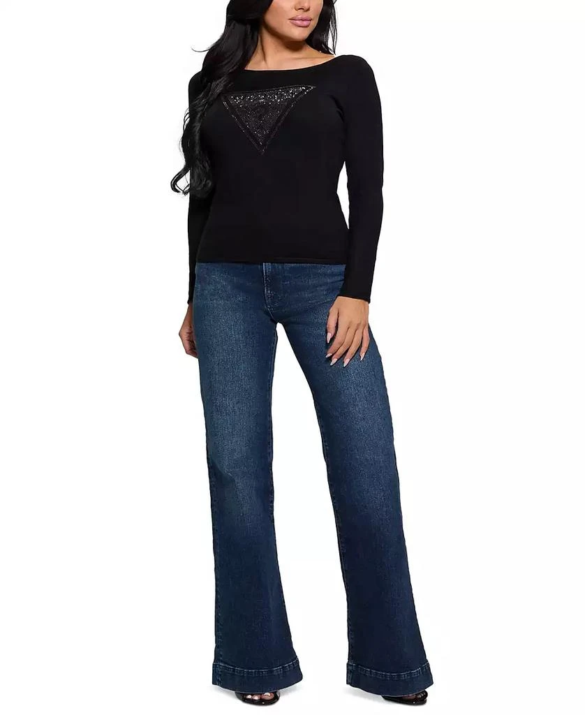 GUESS Women's Eliza Rhinestone-Logo Boat-Neck Sweater 4