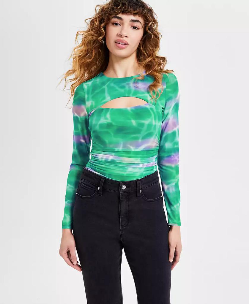 Bar III Women's Printed Crewneck Long-Sleeve Ruched Bodysuit, Exclusively at Macy's