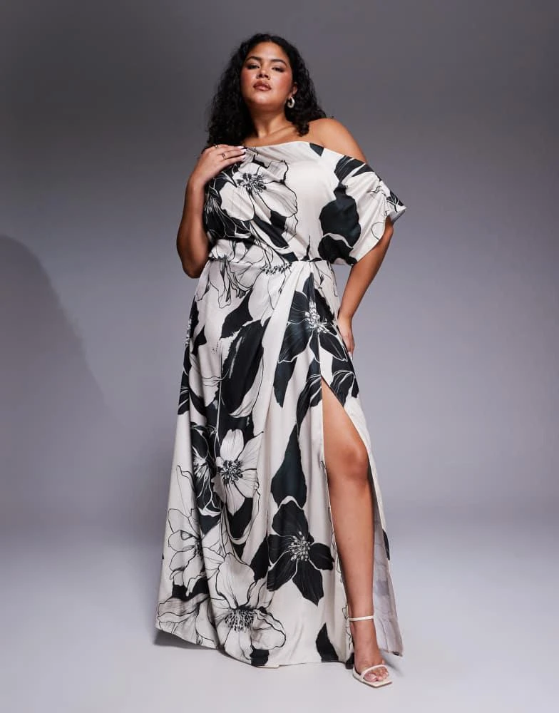 Shop ASOS DESIGN Curve exclusive satin fallen shoulder shoulder side split  maxi dress in mono floral print on Sale at BeyondStyle  Get 10% Off ASOS  DESIGN Curve exclusive satin fallen shoulder