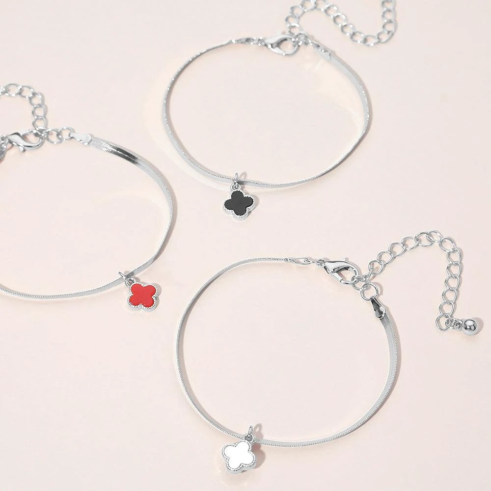 FASHNZFAB Silver Dipped Quatrefoil Charm Herringbone Chain Bracelet 3