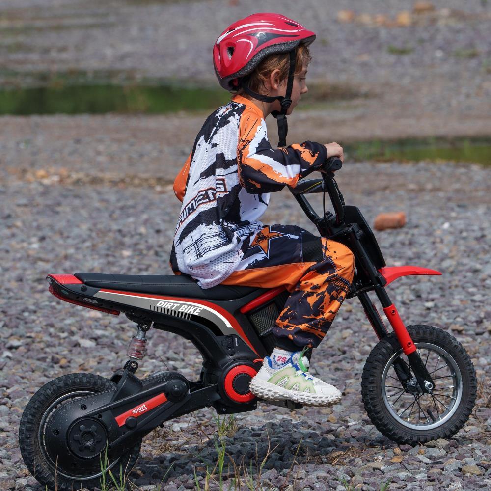 BreeBe Aosom Electric Dirt Bike with Twist Grip Throttle, 24V 350W Off-Road Electric Motorcycle, Up to 15 MPH with Brake, Music Horn, Rear Suspension for Ages 13+ Years, Red