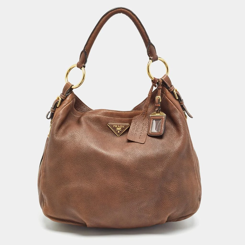 Prada Prada Brown Cervo Leather Side Zip Hobo 1