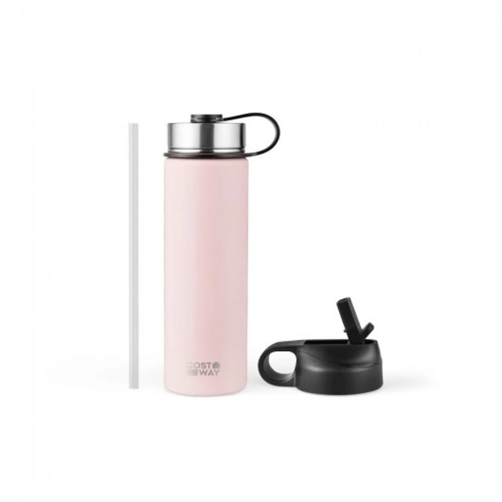 Costway 22 oz Double-walled Insulated Stainless Steel Water Bottle with 2 Lids and Straw-Pink