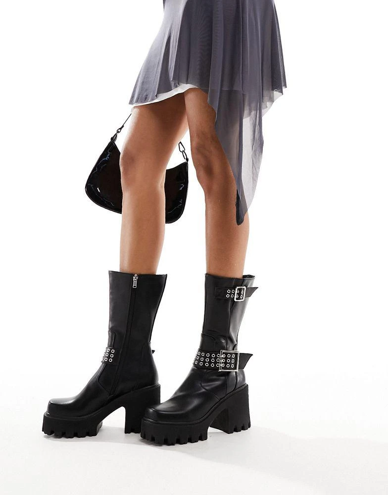 Lamoda Lamoda Needed chunky heeled biker boots with buckle detail in black 4