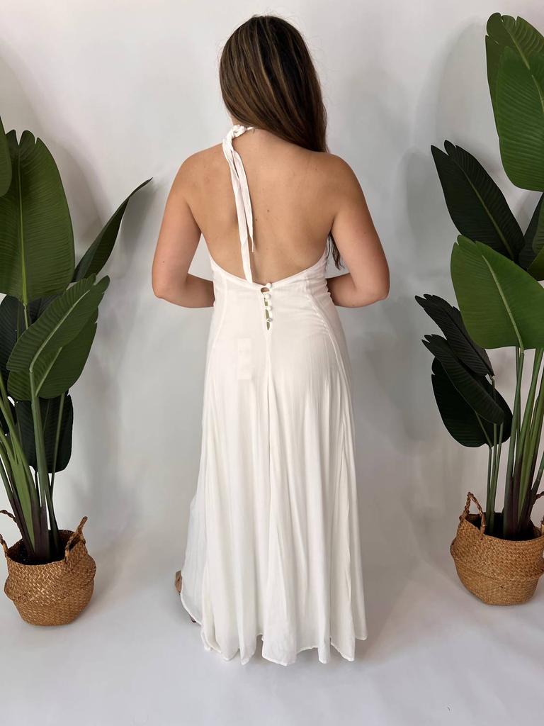 Indah Rhea Solid Lined Low Back Button Detail Dress In White