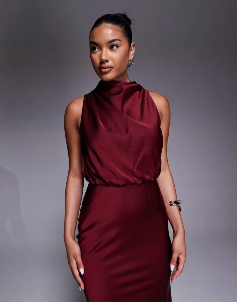 strapless open back dress Burgundy Satin High Neck Long Prom Dress, Burgundy A-Line Evening Part