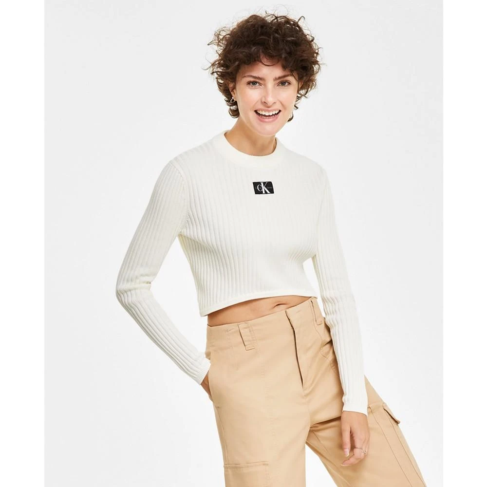 Calvin Klein Jeans Women's Cotton Logo Cropped Long Sleeve High Crew Neck Top 4