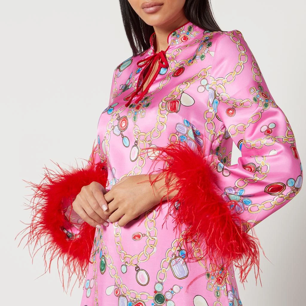 Kitri Carlotta Printed Feather-Trimmed Satin Mini Dress 4