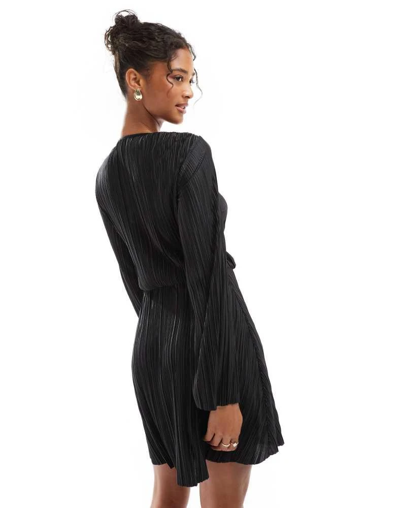 ASOS ASOS DESIGN plisse wrap tie front mini dress with wide sleeve in black 2