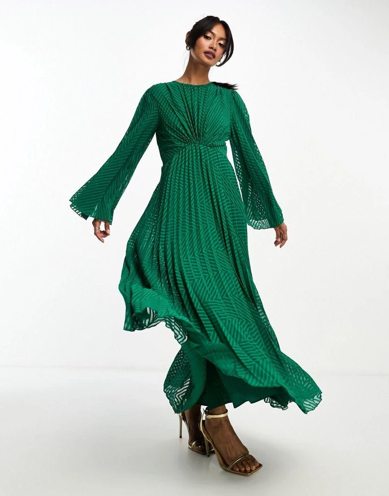 ASOS ASOS DESIGN tie back fluted sleeve pleated chevron chiffon midi dress in green 2