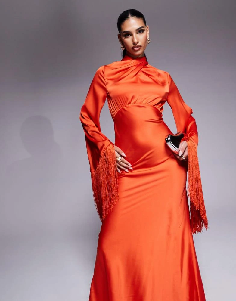 ASOS DESIGN draped neck satin bias maxi dress with fringe sleeve detail in  red  On Sale Now with Up to 50% Off | Discover Exclusive Deals & Savings  at BeyondStyle
