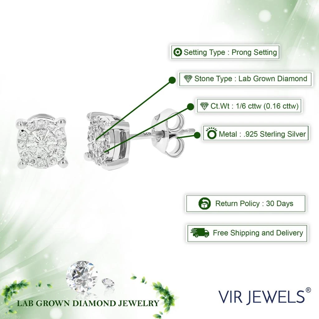 Vir Jewels 1/6 cttw 38 Stones Round Lab Grown Diamond Studs Earrings .925 Sterling Silver Prong Set Round Shape 3