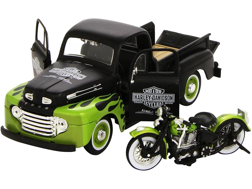 Maisto 1948 Ford F-1 Pickup Truck "Harley Davidson" with 1948 Harley Davidson FL Panhead Motorcycle Black and Green 1/24 Diecast Models by 2