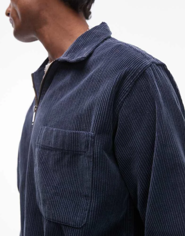 Selected Homme Selected Homme zip thru cord shirt in navy 3