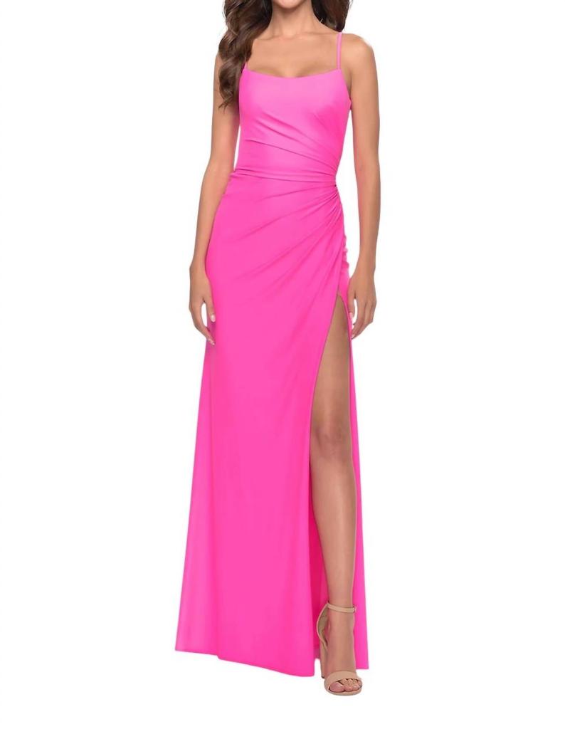 La Femme Side-Slit Backless Long Dress In Neon Pink