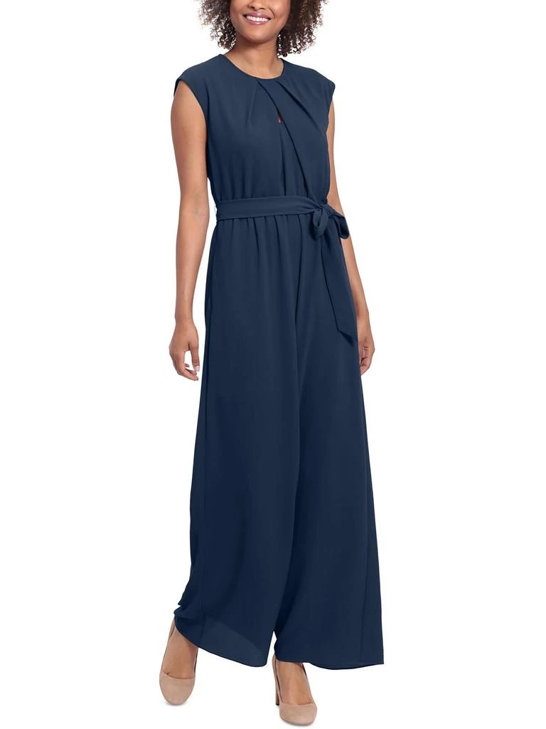 London Times Womens Crepe Pleated Neck Jumpsuit 1