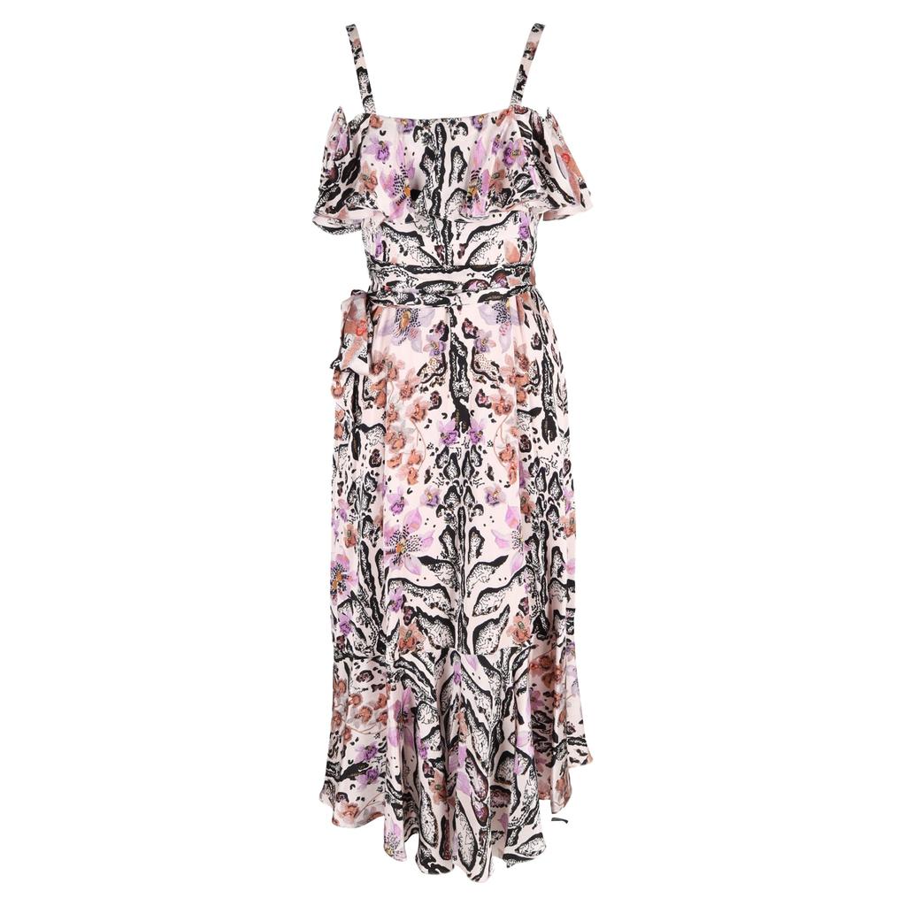 Temperley London Ruffled Printed Hammered Midi Dress in Multicolor Silk