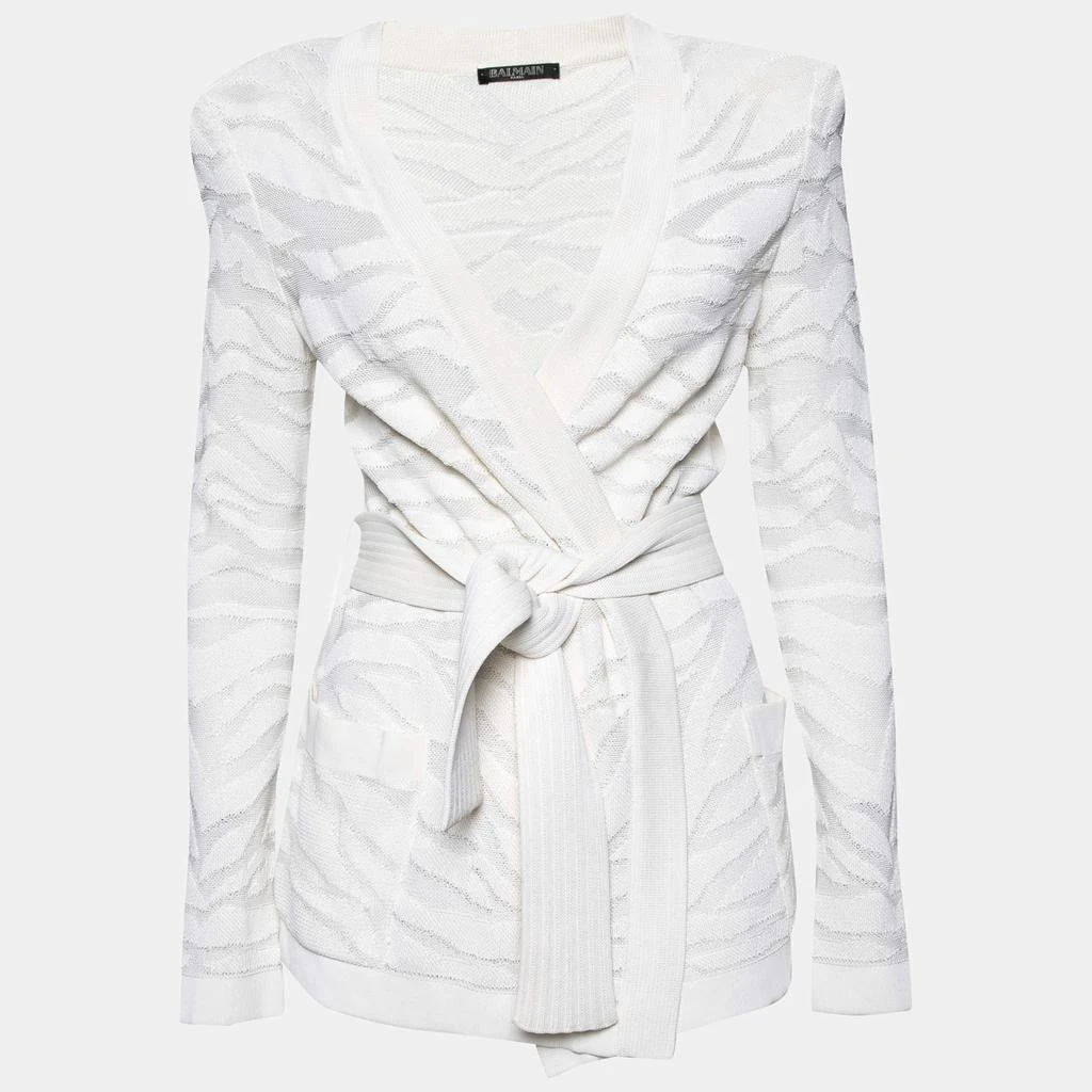 Balmain Balmain White Zebra Textured Knit Belted Wrap Cardigan M 1