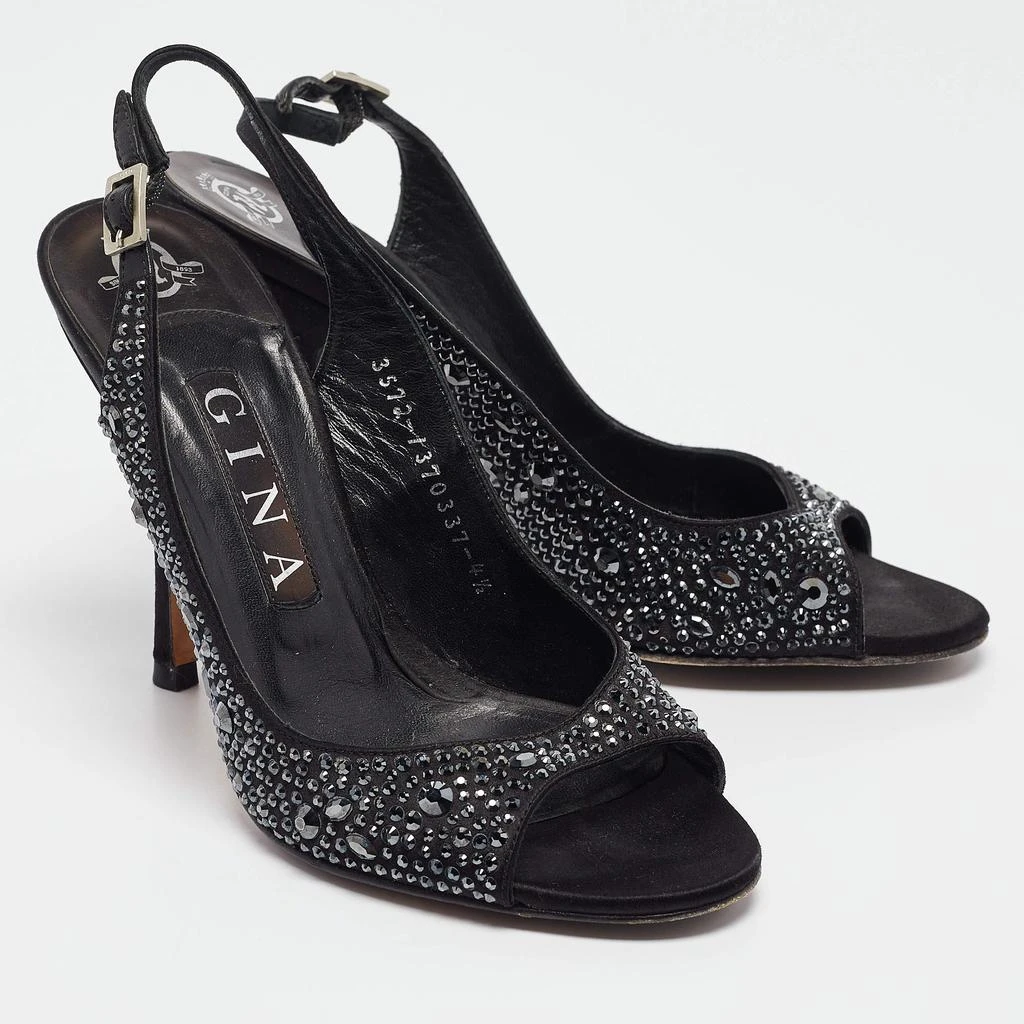 Gina Gina Black Satin Crystal Embellished Peep Toe Pumps Size 37.5 4