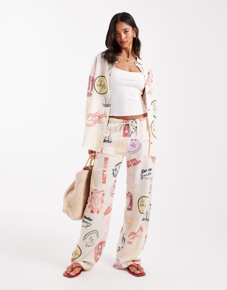 Pull&Bear Pull&Bear printed summer trouser co-ord in ecru