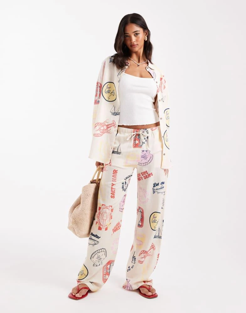 Pull&Bear Pull&Bear printed summer trouser co-ord in ecru 1