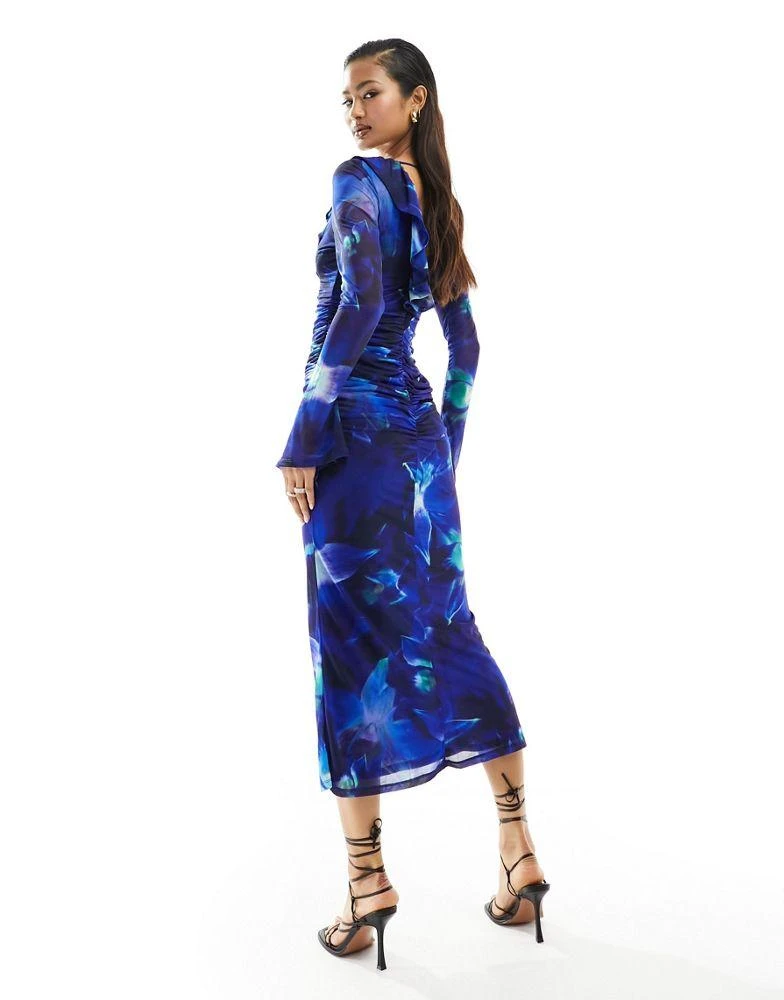 ASOS ASOS DESIGN floral ruffle v neck midi dress with flared sleeve in blue floral print 3