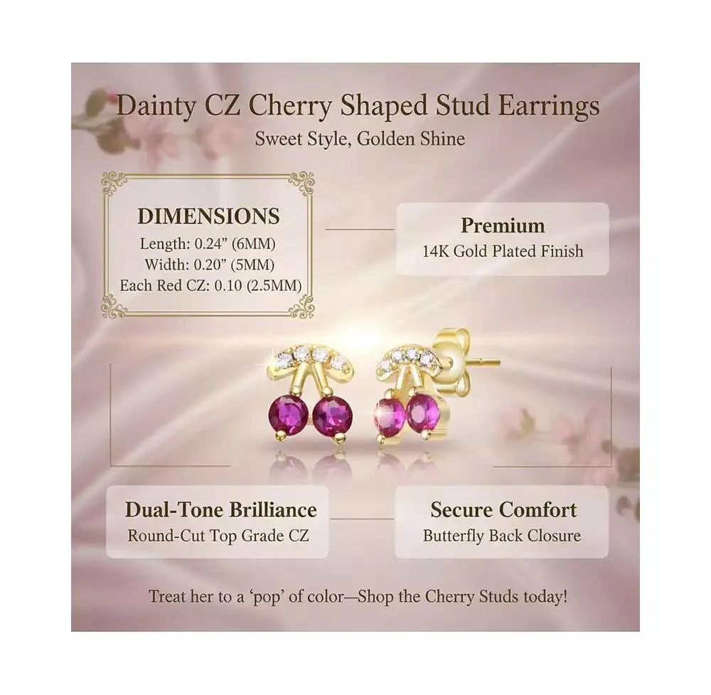 GiGiGirl Dainty CZ Cherry Shaped Stud Earrings in 14K Gold Plated 3
