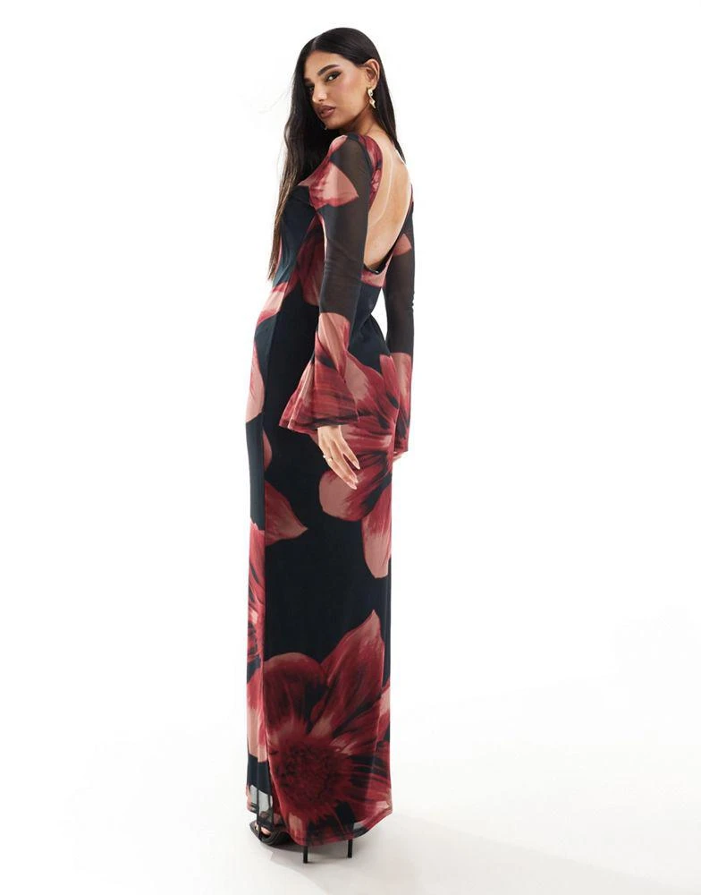 ASOS ASOS DESIGN low back floral mesh maxi dress with angel sleeves in pink floral 3