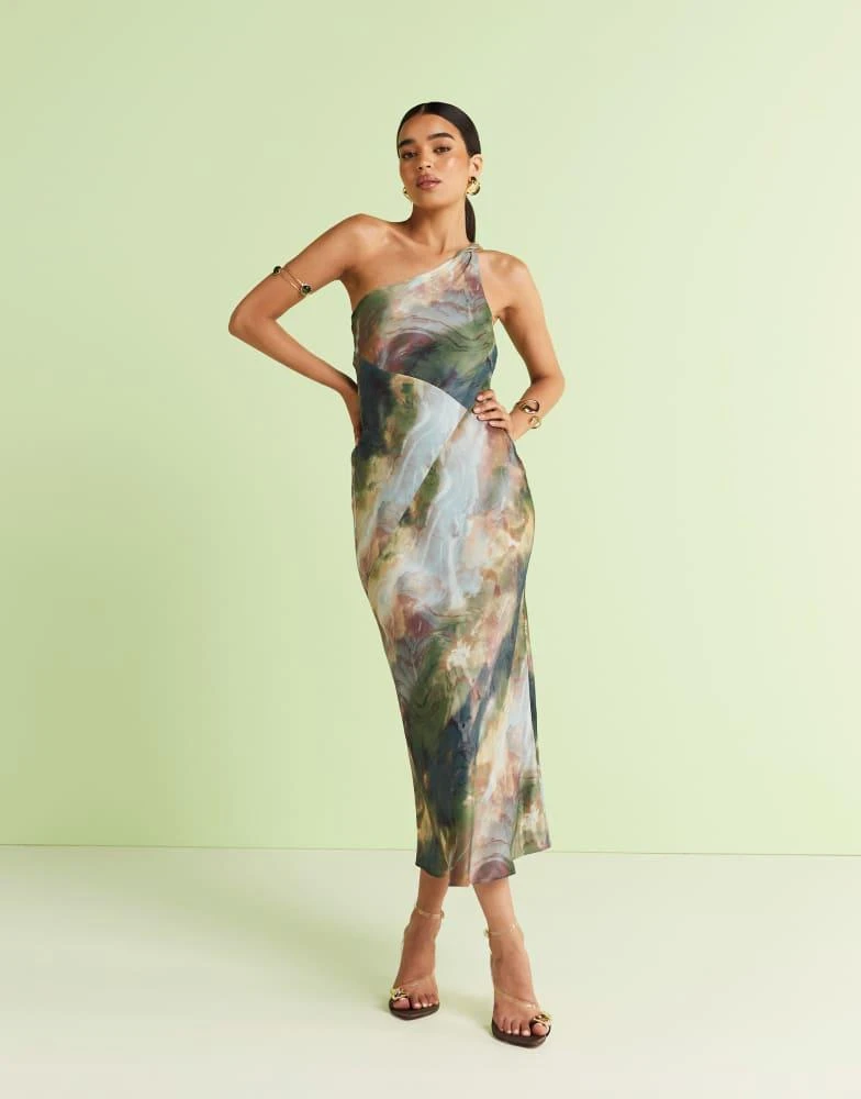 & Other Stories & Other Stories one shoulder satin midi dress with twisted strap detail in watercolour print 1