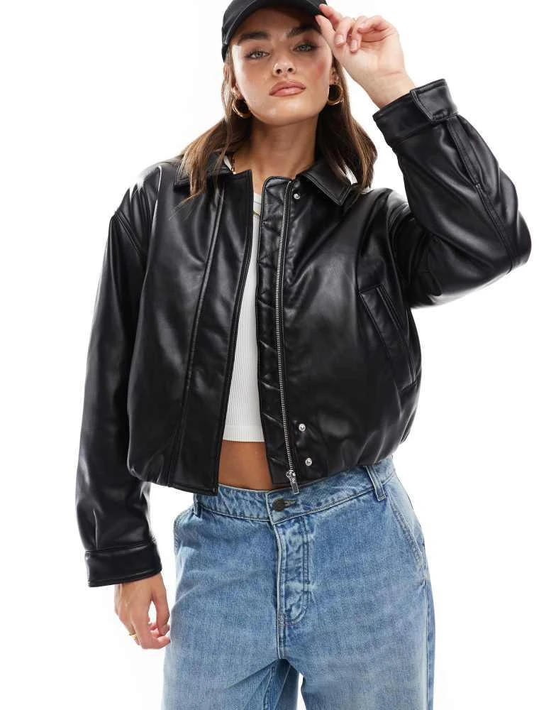 ASOS ASOS DESIGN clean leather look bomber jacket in black 1