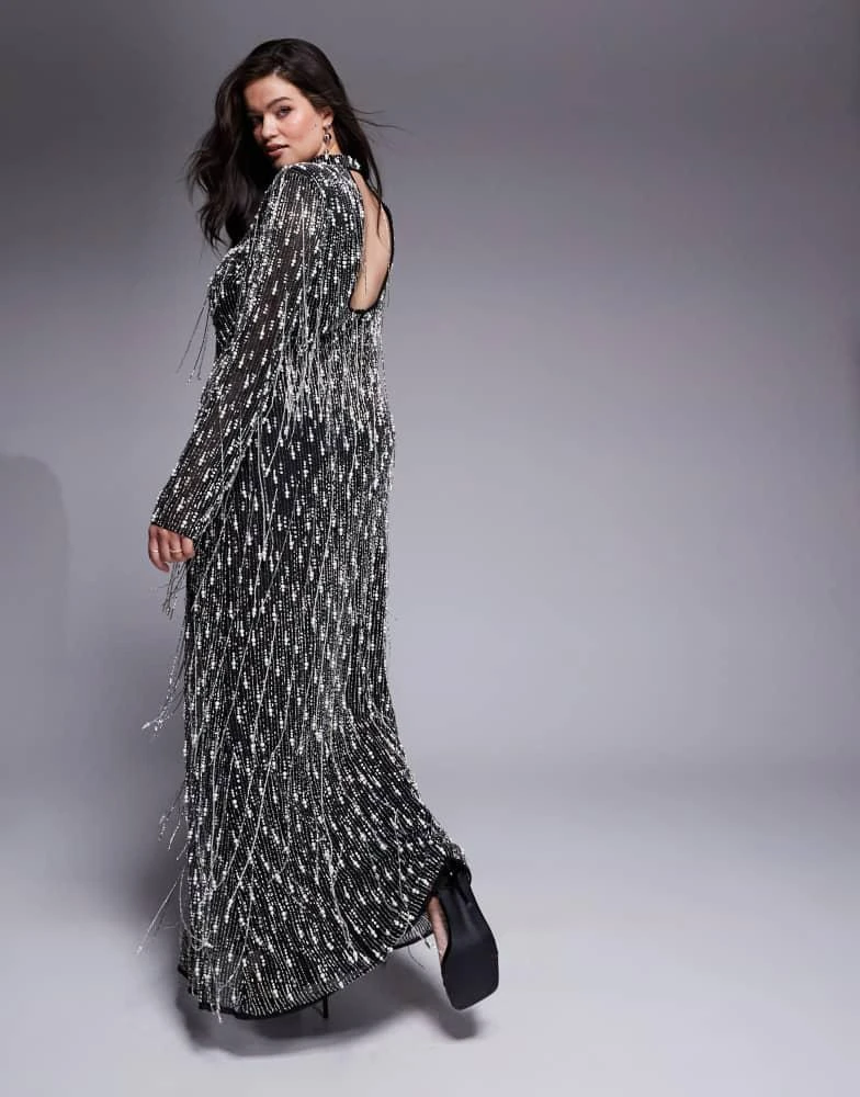ASOS LUXE ASOS LUXE Curve drop pearl embellished maxi dress in black 3