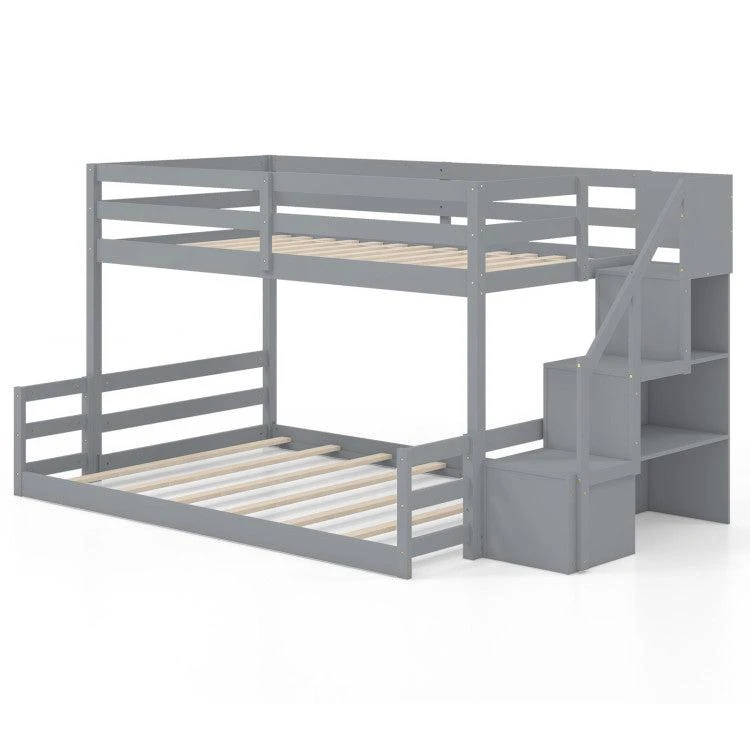 Hivvago Solid Wood Twin Over Full Low Bunk Bed with Storage Stairs-White 7
