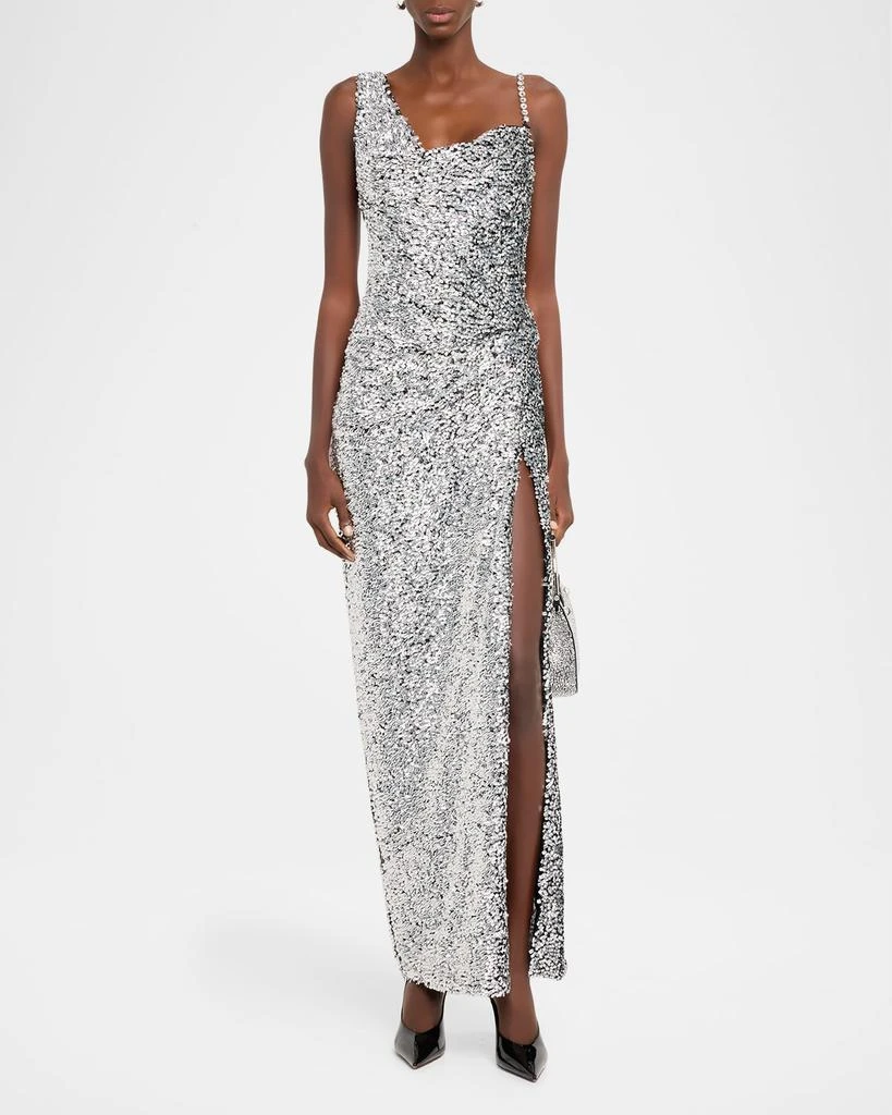 AREA Asymmetric Crystal-Strap Full Sequin Gown 2