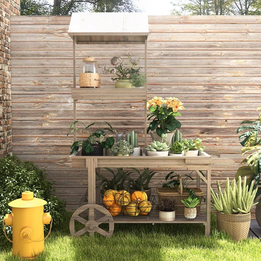 Hivvago Natural Solid Wood Garden Cart Display Plant Stand Potting Bench