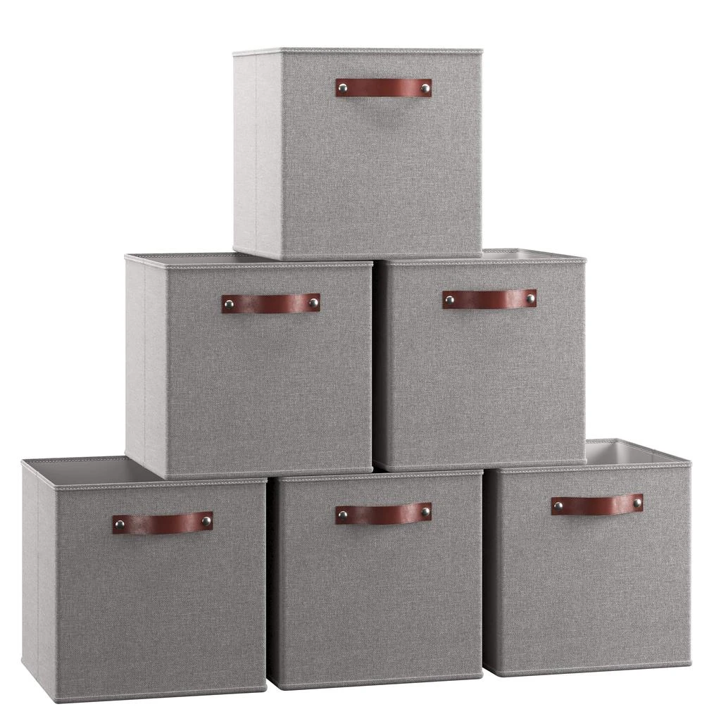 Ornavo Home Foldable Linen Storage Cube Bin with Leather Handles - Set of 6 8