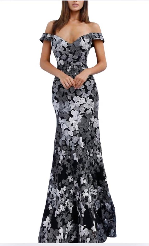 Jovani Jovani - Two Tone Embroidered Off-Shoulder Gown