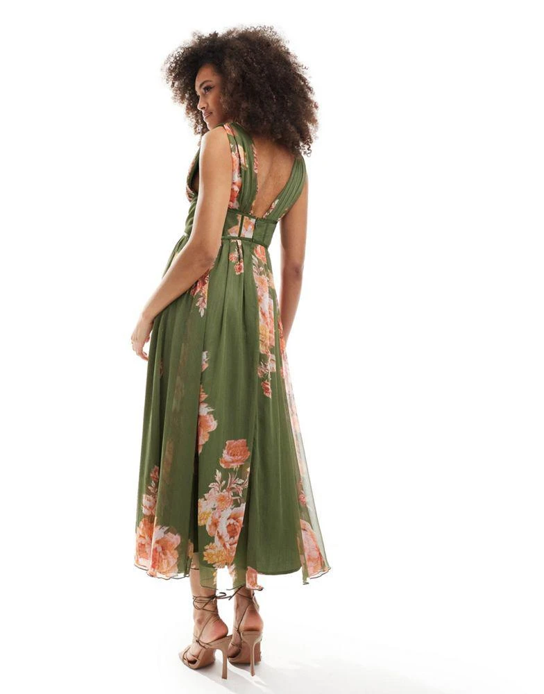 ASOS ASOS DESIGN corset plunge pleated midi dress with button detail in green floral print 3