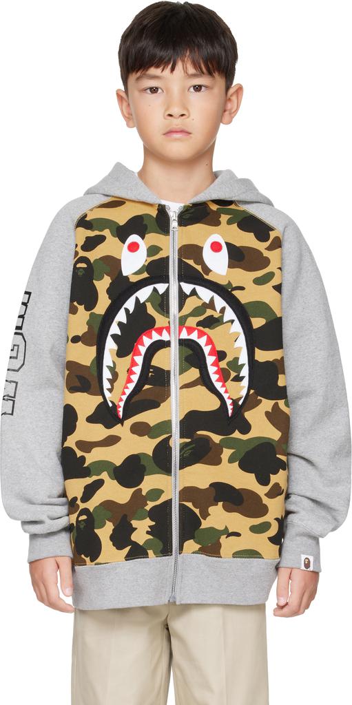 Bape Kids Gray 1st Camo Shark Patch Zip Hoodie