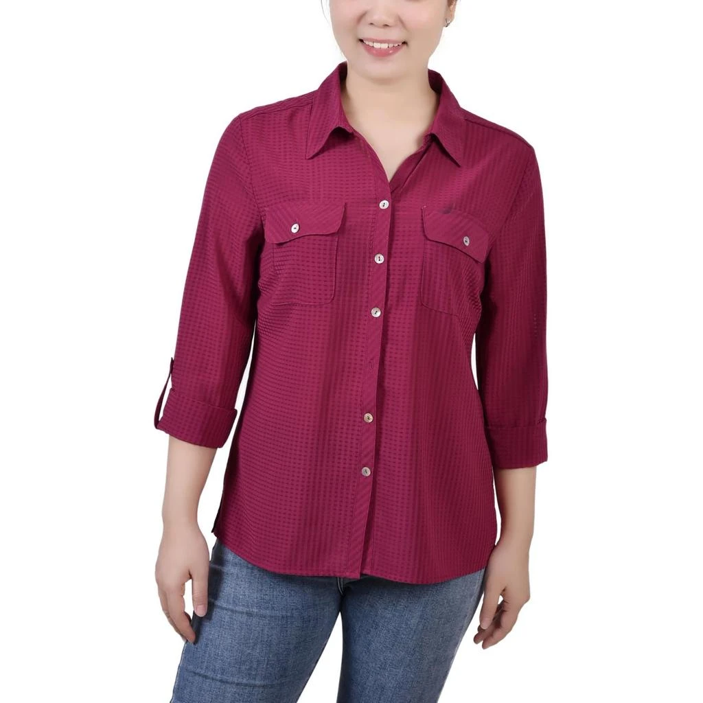 NY Collection Womens Window Pane Collared Blouse 2