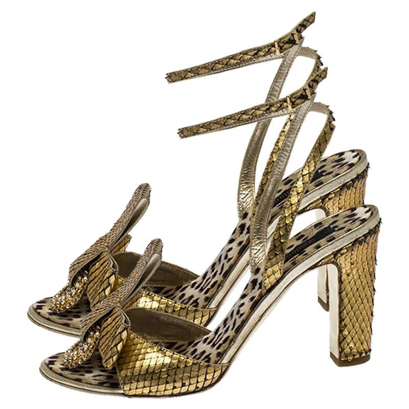 Roberto Cavalli Roberto Cavalli Metallic Gold Python Leather Embellished Ankle Strap Sandals Size 38 4