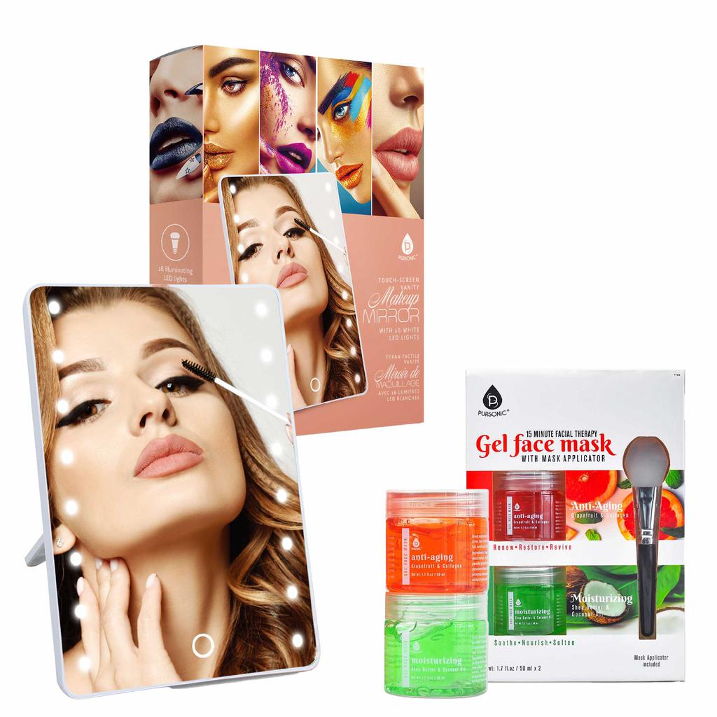 PURSONIC Pursonic Touchscreen LED Vanity Mirror and Luxurious Gel & Mud Face Mask Set