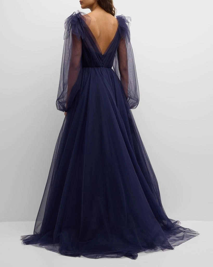 Romona Keveza Plunging Ruffle Long-Sleeve Tulle Gown 4