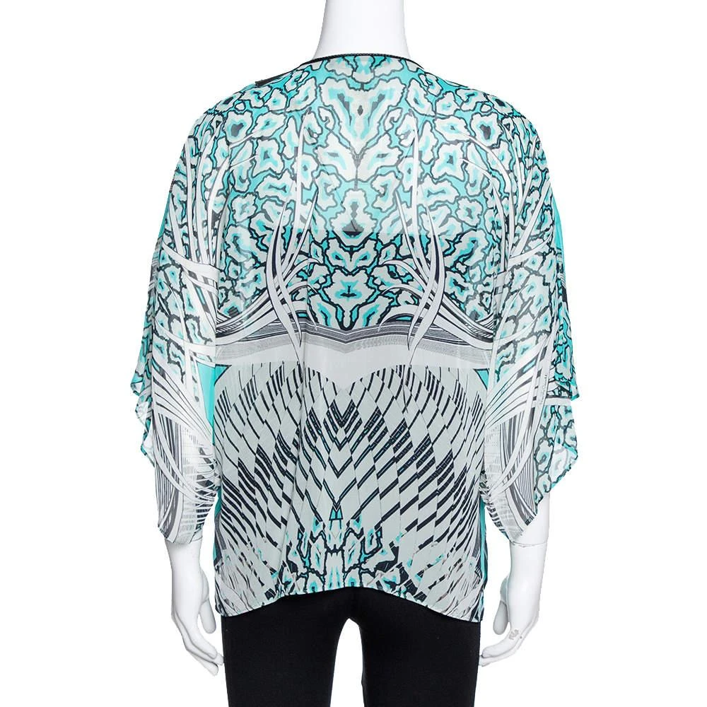 Roberto Cavalli Roberto Cavalli Turquoise Blue Printed Silk Leather Trim Kaftan Top M 3