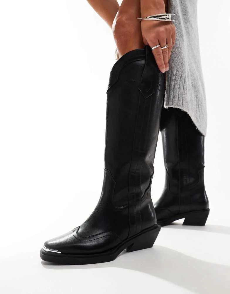 ASOS ASOS DESIGN Wide Fit Celeste flat western knee boots in black 3