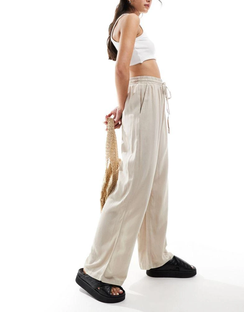 Vila Vila linen touch tie waist wide leg trouser in stone 1