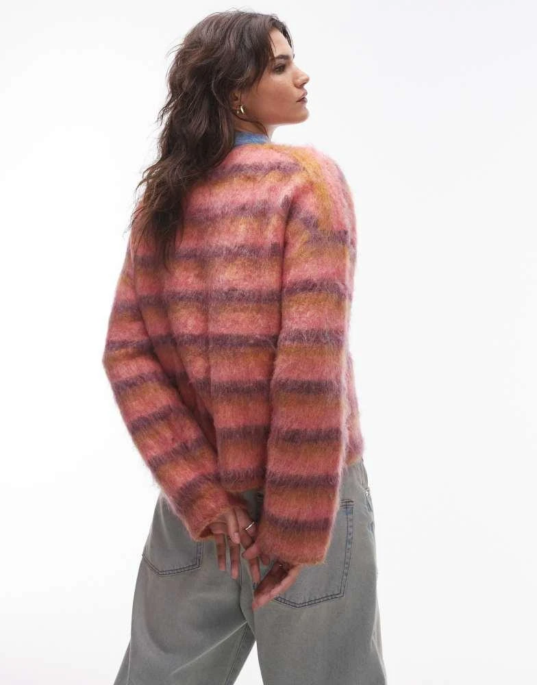 Topshop Topshop knitted ultra fluffy relaxed jumper in pink ochre and purple stripe 2