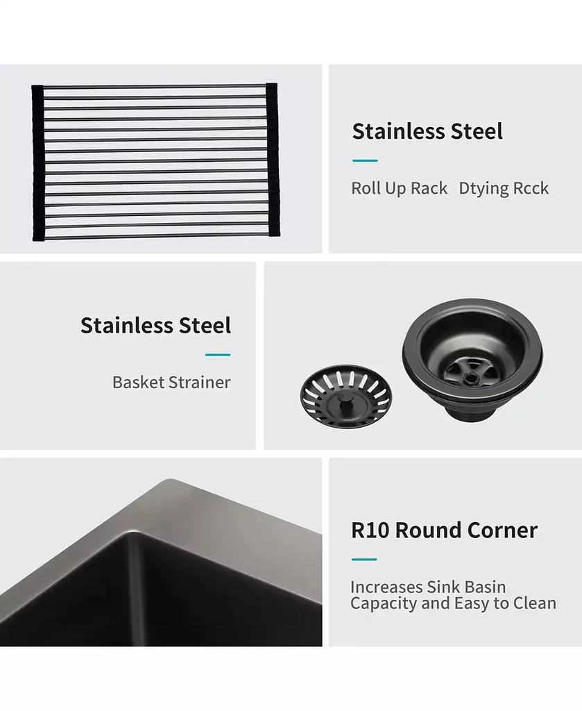 Flynama 15x15x9inch Gunmetal Black Kitchen Sink Drop In Stainless Steel 16 Gauge Deep Single Bowl 7