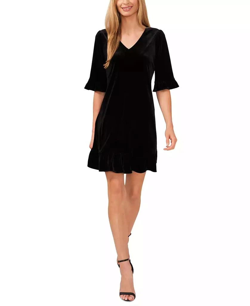 CeCe Women's Velvet 3/4-Sleeve Ruffle Trim Shift Dress 1