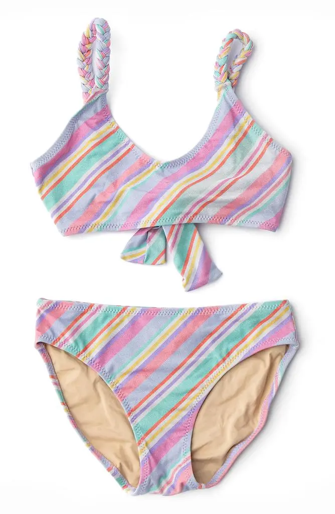  Kids' Diagonal Stripe Shimmer Two-Piece UPF 50+ Swimsuit