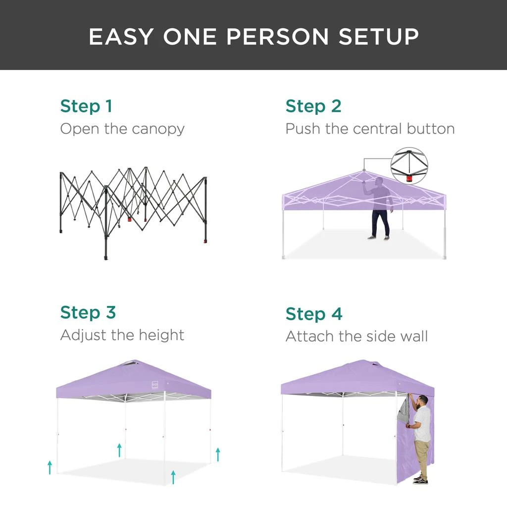 Best Choice Products 10x10ft Easy Setup Pop Up Canopy, Portable Tent w/ Side Wall, 1-Button Push, Case 4
